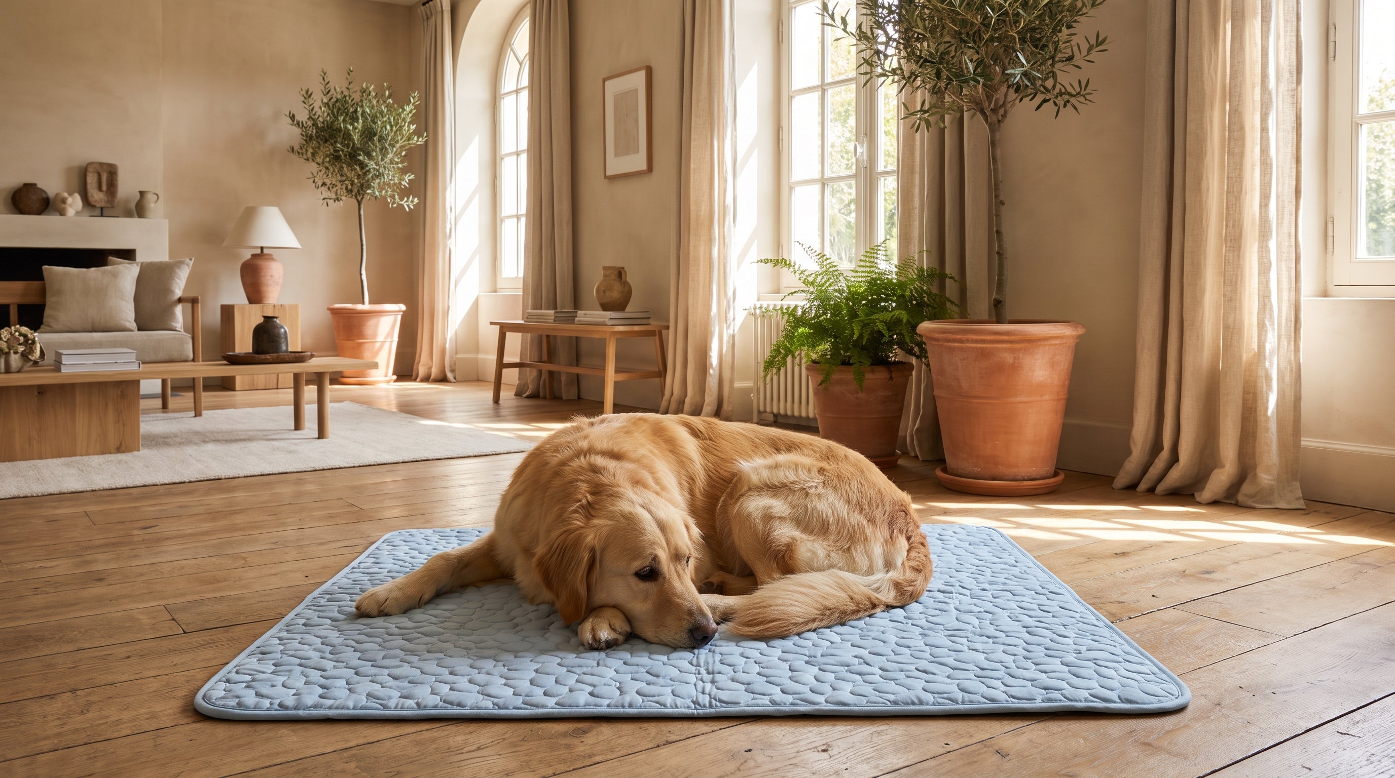 Chien serein sur un tapis rafraîchissant Patoulina — les alternatives à Decathlon