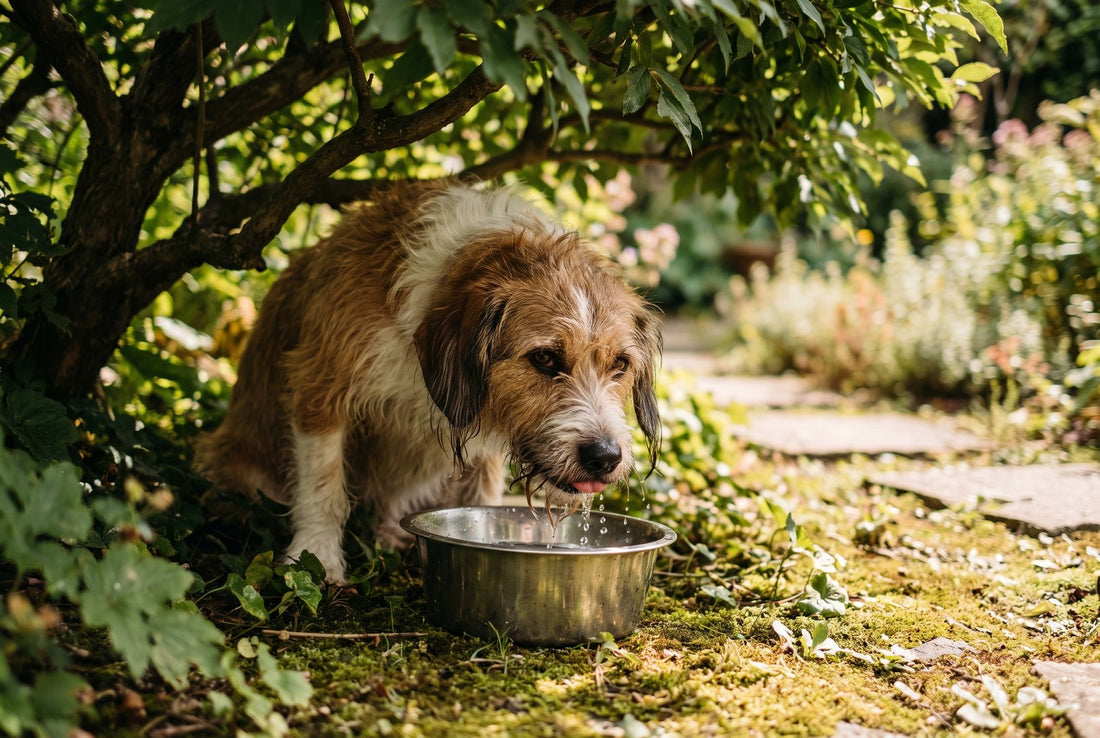 Chien qui boit de l'eau fraîche à l'ombre d'un jardin en été