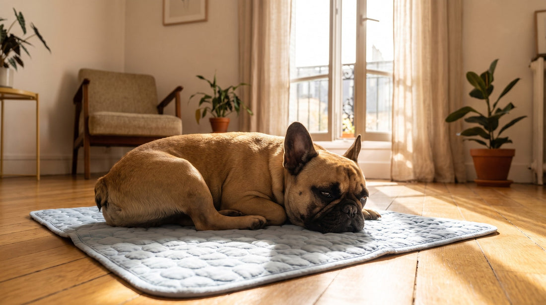 Bouledogue français détendu sur un tapis rafraîchissant Patoulina — guide canicule 2026