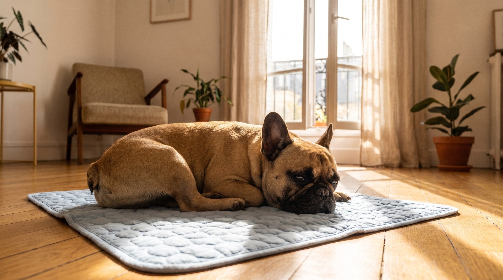 Bouledogue français détendu sur un tapis rafraîchissant Patoulina — guide canicule 2026