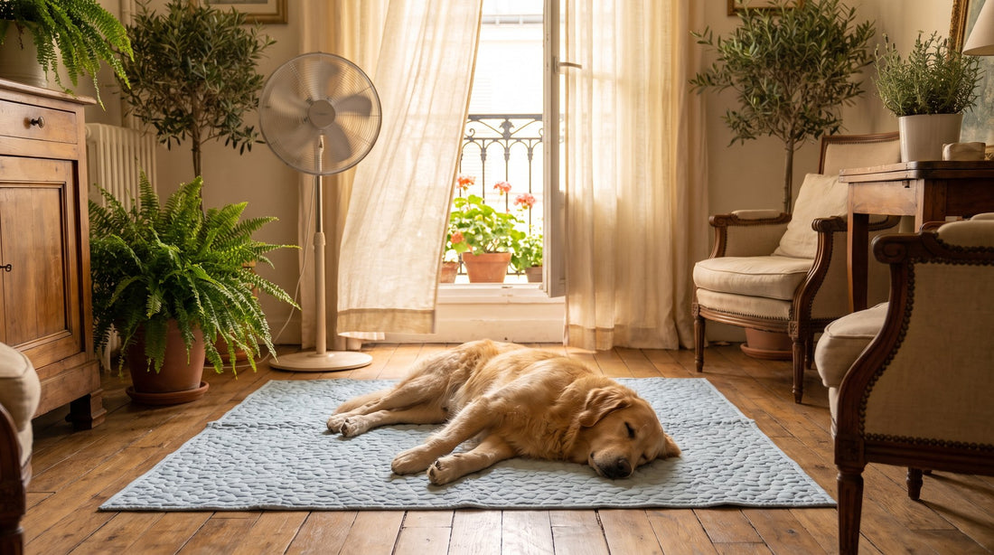 Chien confortable sur un tapis rafraîchissant sans climatisation — 10 astuces canicule