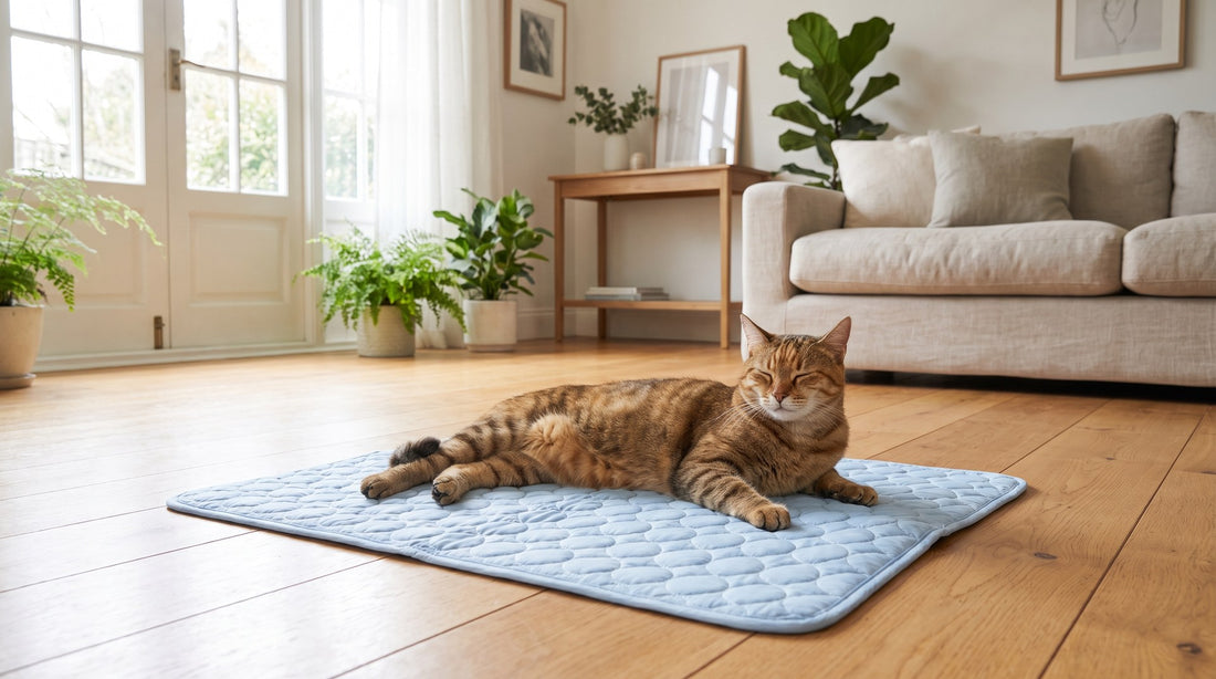 Chat tigré étiré sur un tapis rafraîchissant Patoulina sans gel toxique