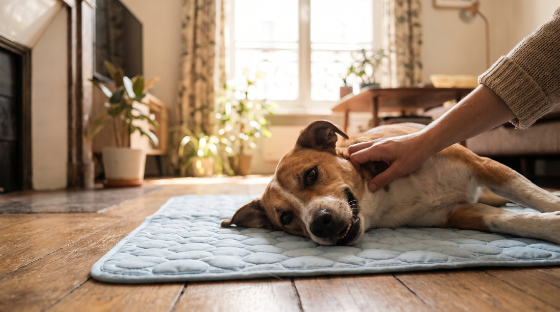 Chien confortablement installé sur un tapis rafraîchissant sans gel toxique — guide sécurité