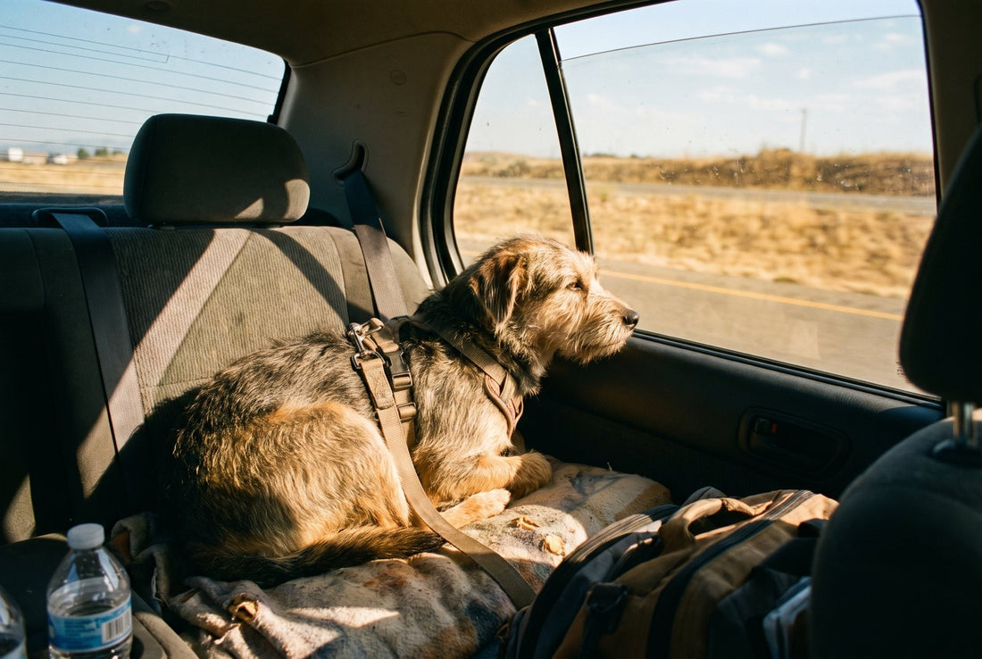 Chien sécurisé par un harnais en voiture lors d'un trajet d'été
