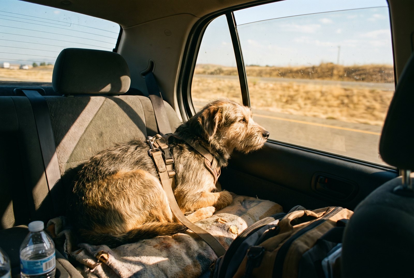 Chien sécurisé par un harnais en voiture lors d'un trajet d'été