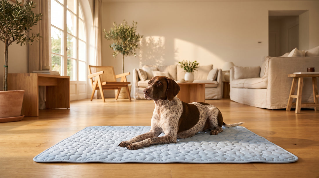Chien détendu sur un tapis rafraîchissant Patoulina dans un salon lumineux — meilleur tapis 2026