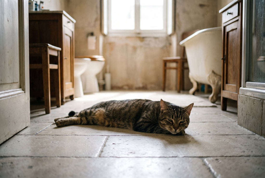 Chat allongé sur le carrelage frais pour échapper à la chaleur