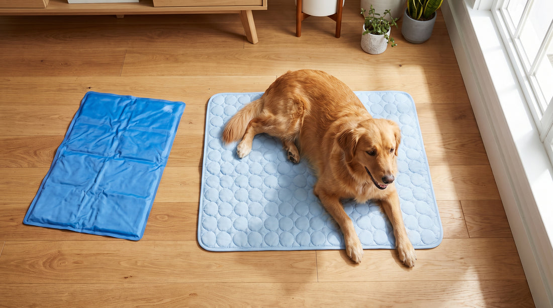 Chien allongé sur un tapis rafraîchissant matelassé — alternative sûre au coussin gel