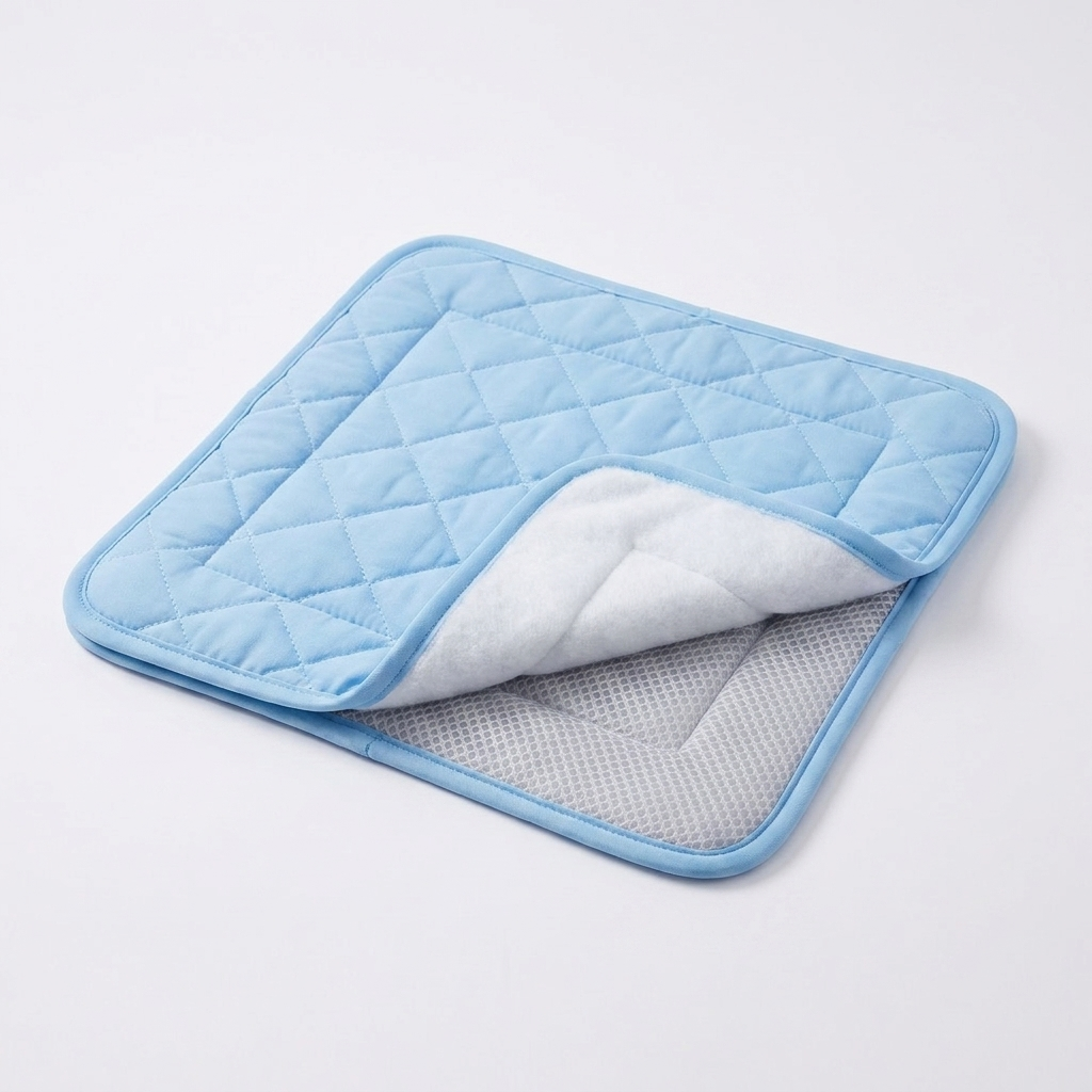 Tapis rafraîchissant Patoulina lapin — coloris bleu (structure trois couches, mesh gris visible)