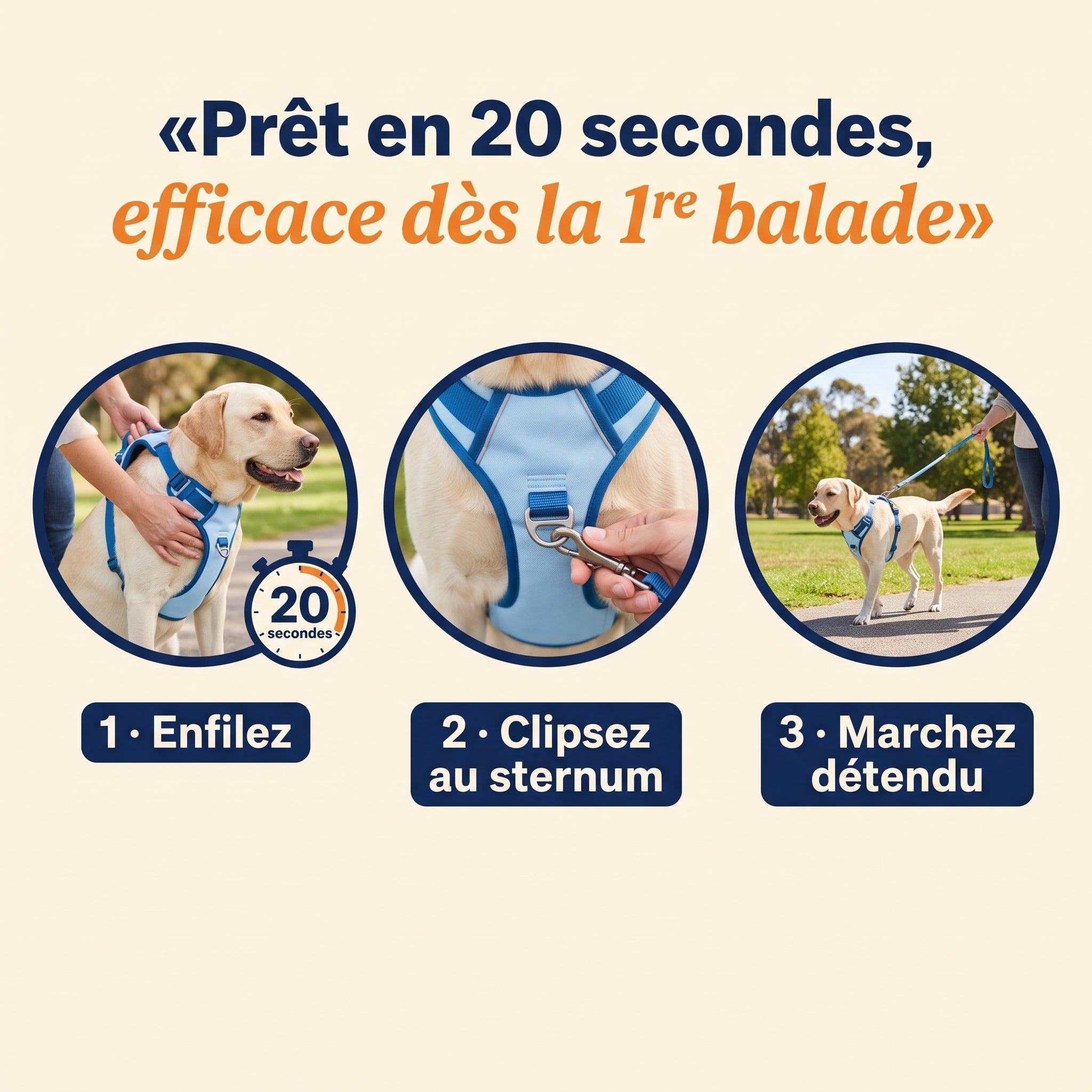 Infographie : enfiler le harnais Patoulina en 3 étapes
